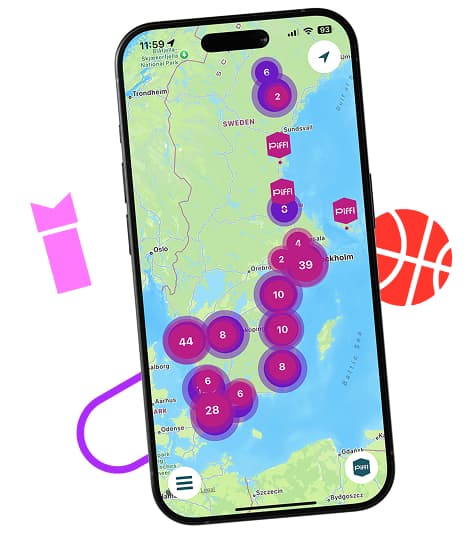 En smartphone visar Piffl-appen med kartvyn över aktivitetsboxarna.